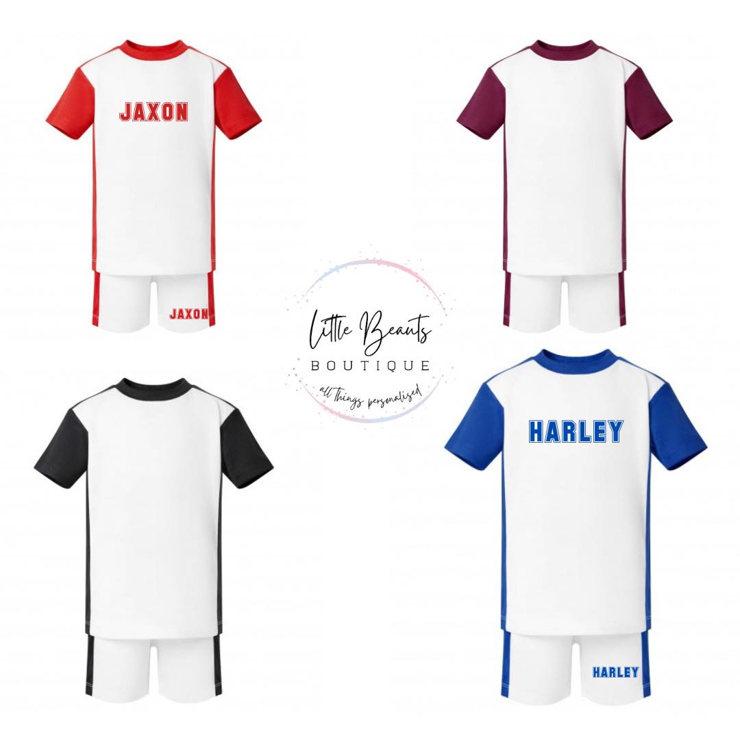 NEW Personalised Sport Sets 4 colours - 6-12m to 9-10y - College Font Name