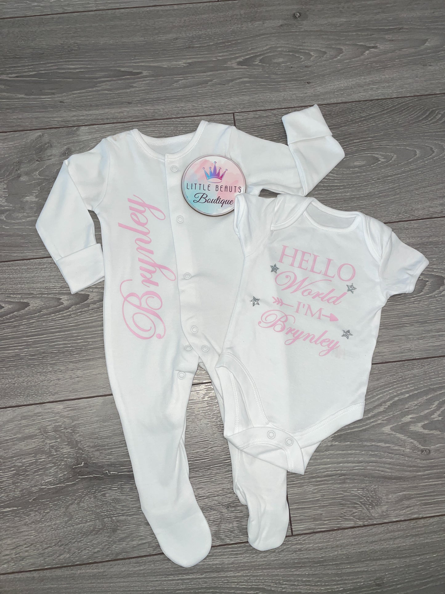 Personalised New Baby Hello World - Popper Front Sleepsuit & Bodysuit Set - Baby Set