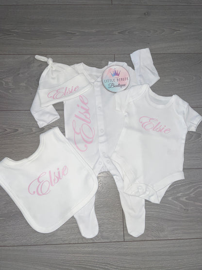 Personalised Script Name Babygrow, Bib, Bodysuit & Hat Set - New Baby Gift - Coming Home Outfit -  Baby Set