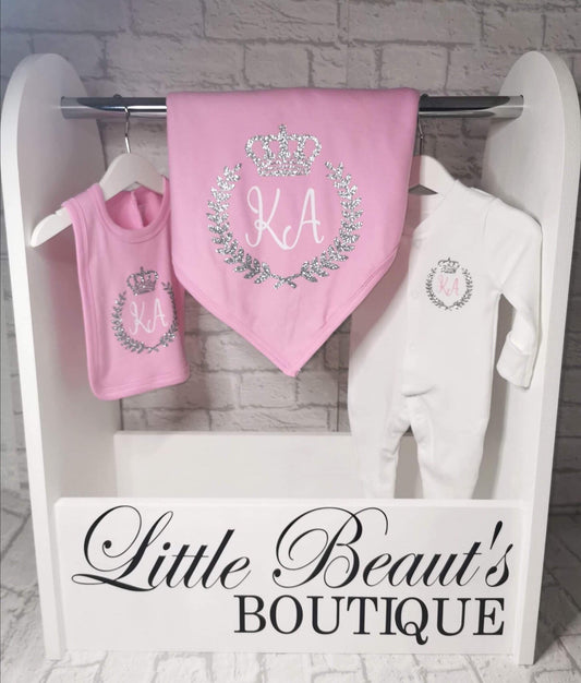 Personalised Crown & Crest Baby Set - Sleepsuit, Bib, Blanket - Special Price