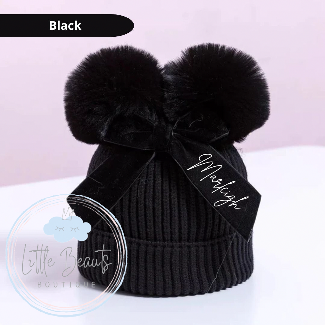 Personalised Bow Pom Pom Winter Hat - 6m to 4y -REMOVABLE & CHANGABLE POM POMS