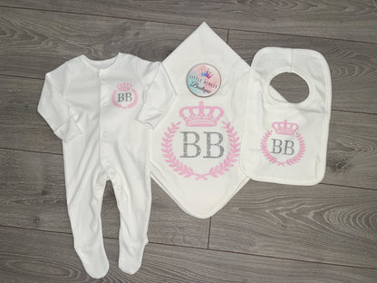 Personalised Crown & Crest Baby Set - Sleepsuit, Bib, Blanket - Special Price