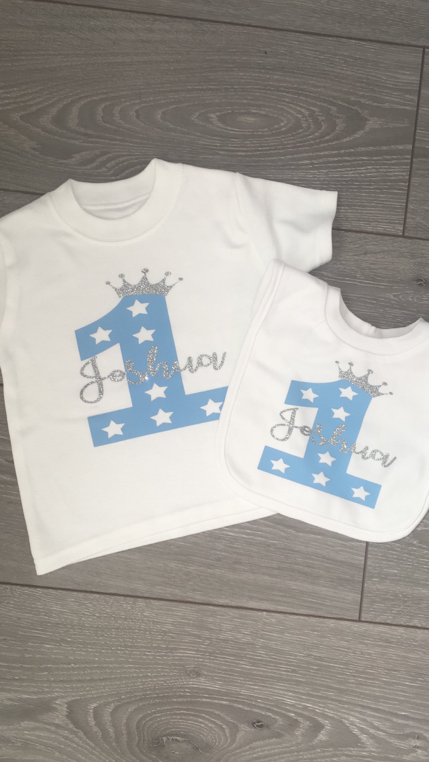 Personalised White First Birthday T-Shirt & Bib Set - Name and Age -  Choose Design