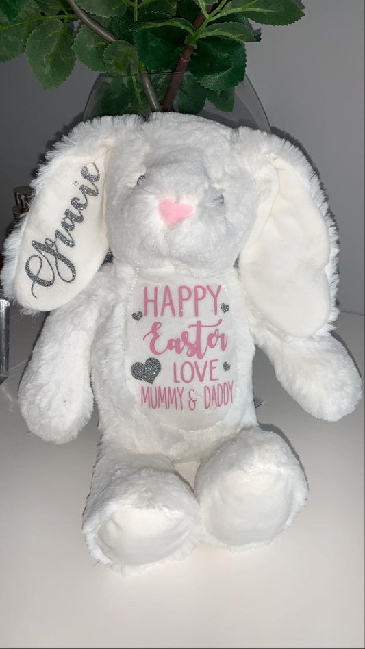 Personalised Bunny Plush Teddy - Happy Easter or Your Own Text - Best Seller -  4 colours