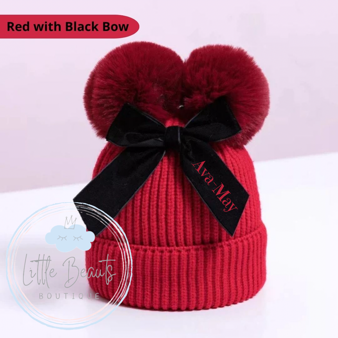 Personalised Bow Pom Pom Winter Hat - 6m to 4y -REMOVABLE & CHANGABLE POM POMS