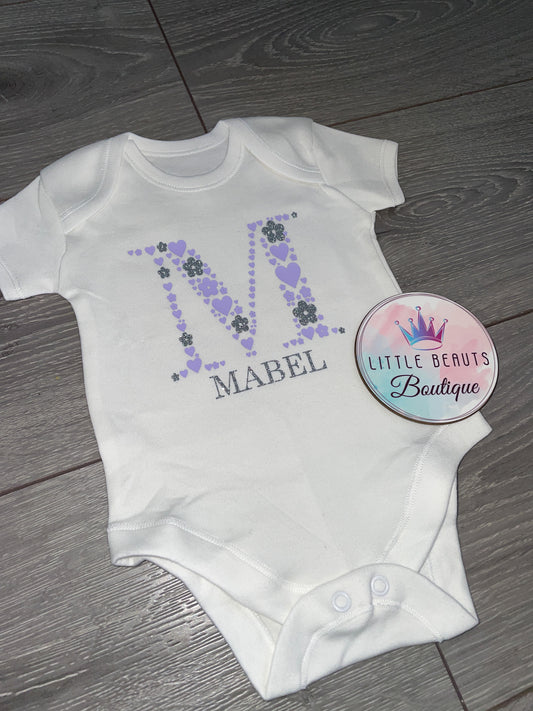 Personalised Initial - Name Flower Heart Bodysuit Vest - You colour choices