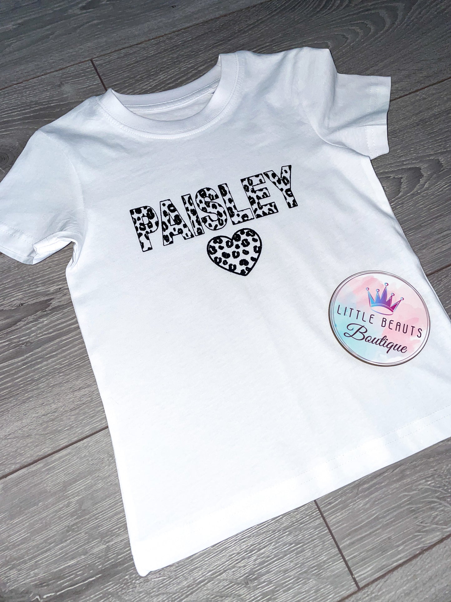 Personalised Leopard Name & Heart T-Shirt