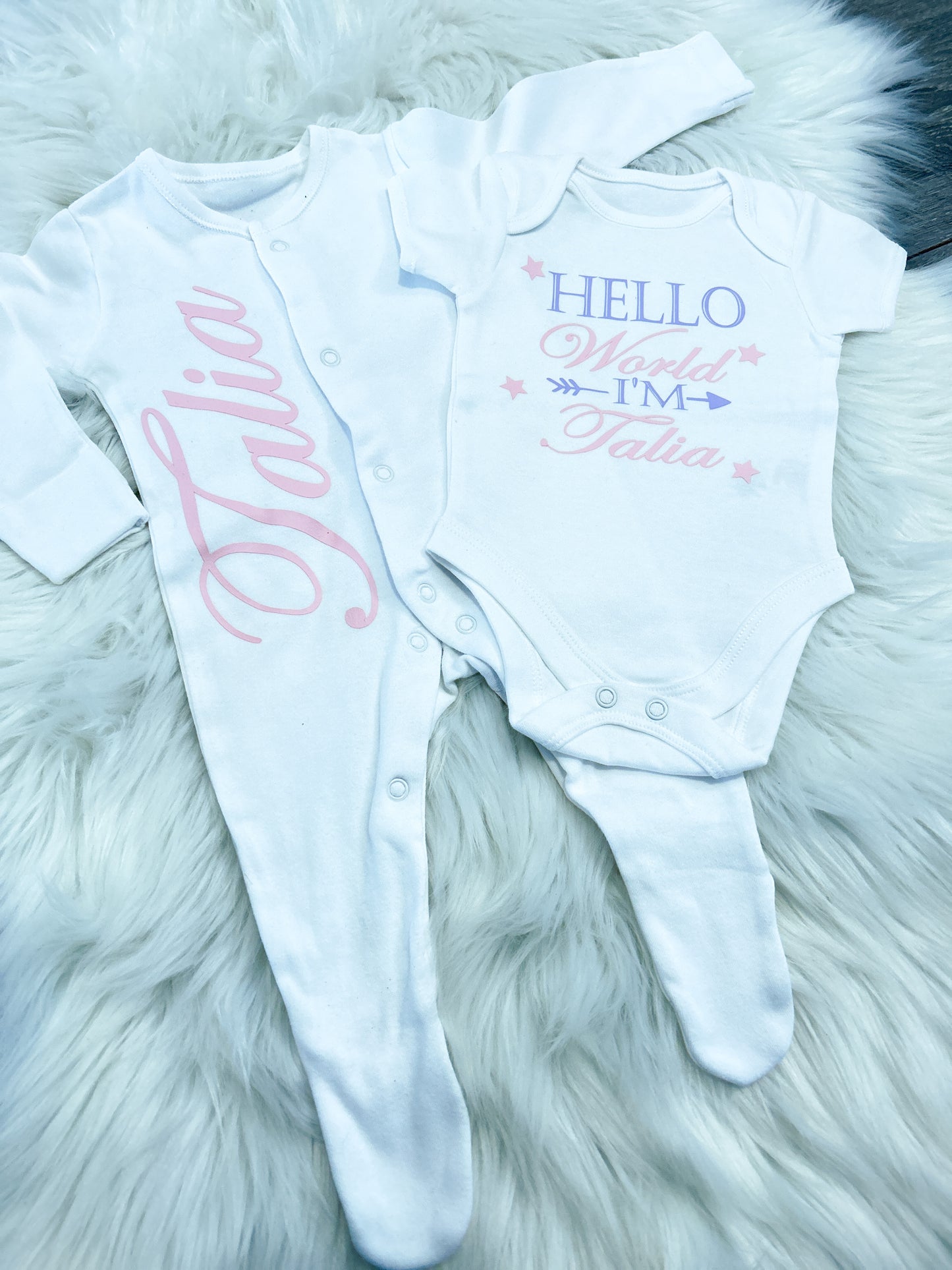 Personalised New Baby Hello World - Popper Front Sleepsuit & Bodysuit Set - Baby Set