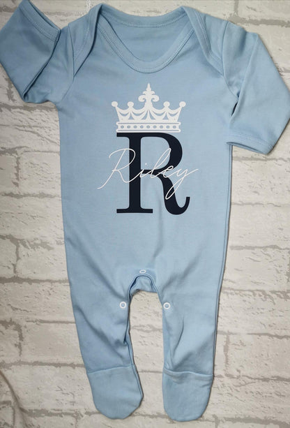 Personalised Initial / Name Crown Romper Babygrow Sleepsuit