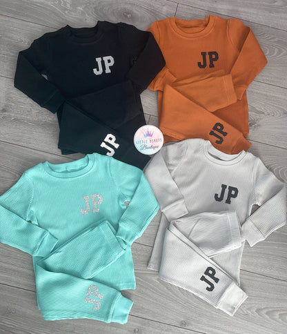 Personalised Baby / Child Lounge Set / Loungewear - Chest Block Initials - Ribbed