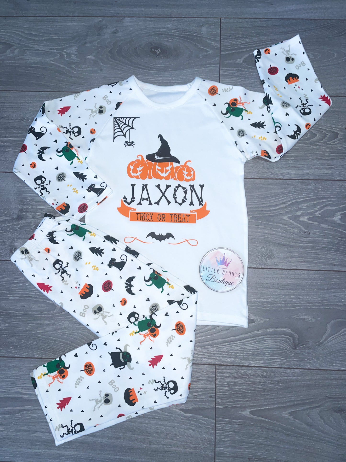 Personalised Pumpkin Theme Halloween Pyjamas or Babygrow - 6-12m to 9-10y - 2 Design Pyjamas